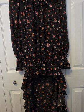 WeWoreWhat Black Dress with Red Floral High-Low Hem